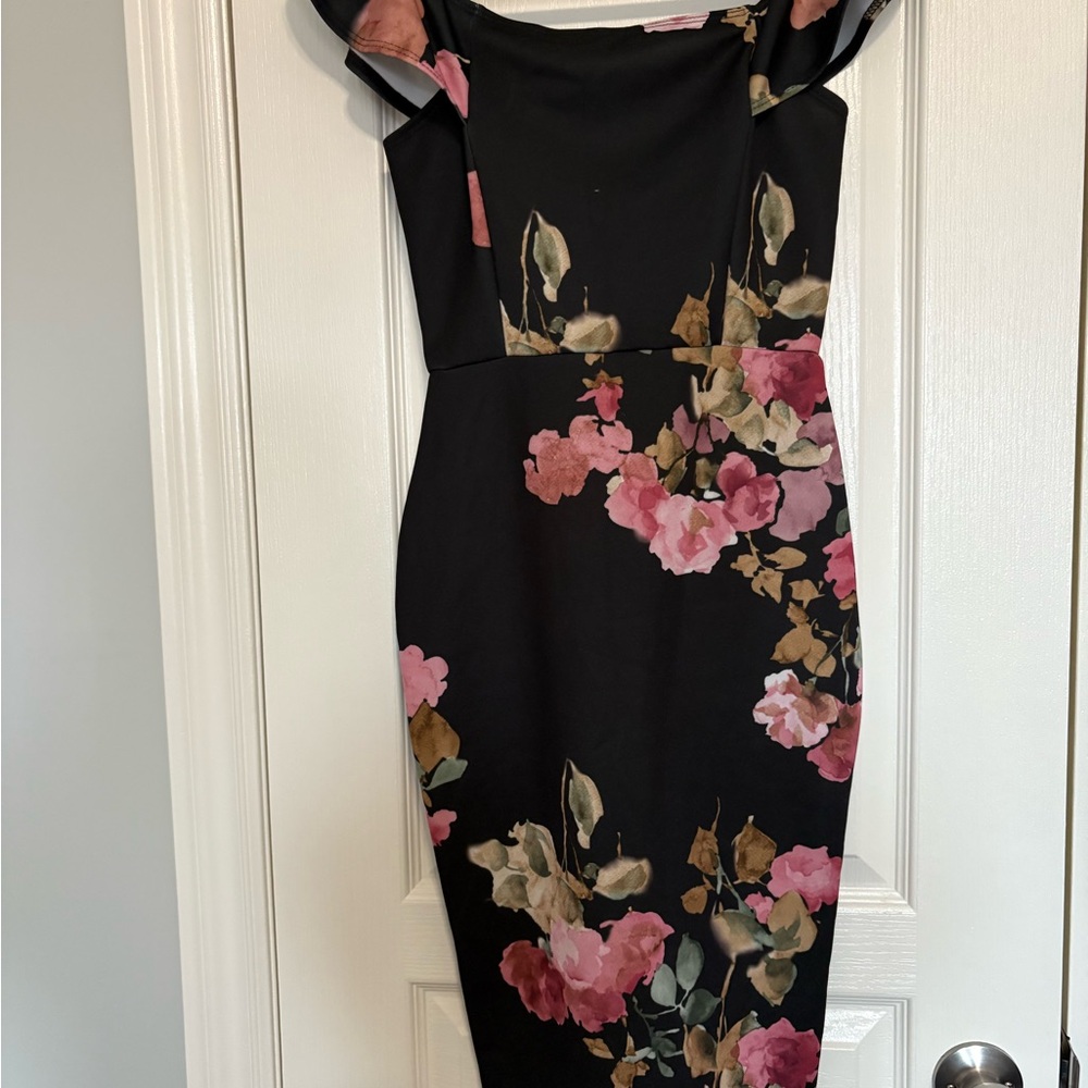 Mendocino Black and Pink Asymmetrical Off-the-Shoulder Sheath Dress